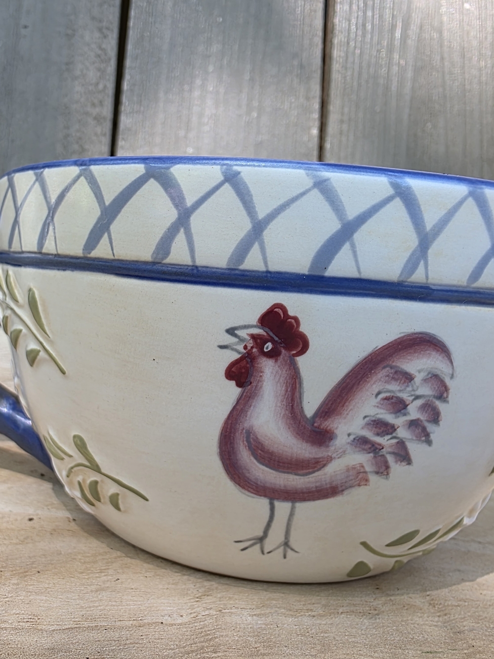 Hand-Painted Rooster Ceramic Mug- Blue Trim